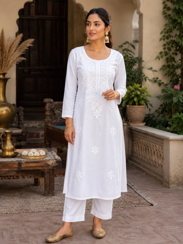 LUKNAVI WHITE LONG KURTI